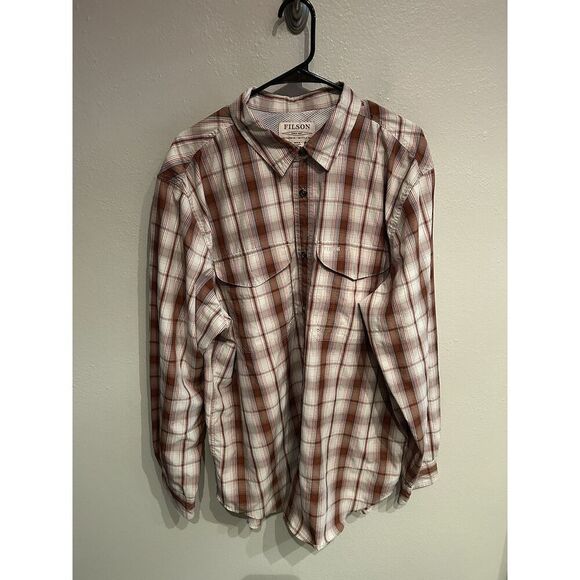 Filson Mens XL Long Sleeve Red Plaid Vented Fishing Shirt Button Down - Picture 1 of 9